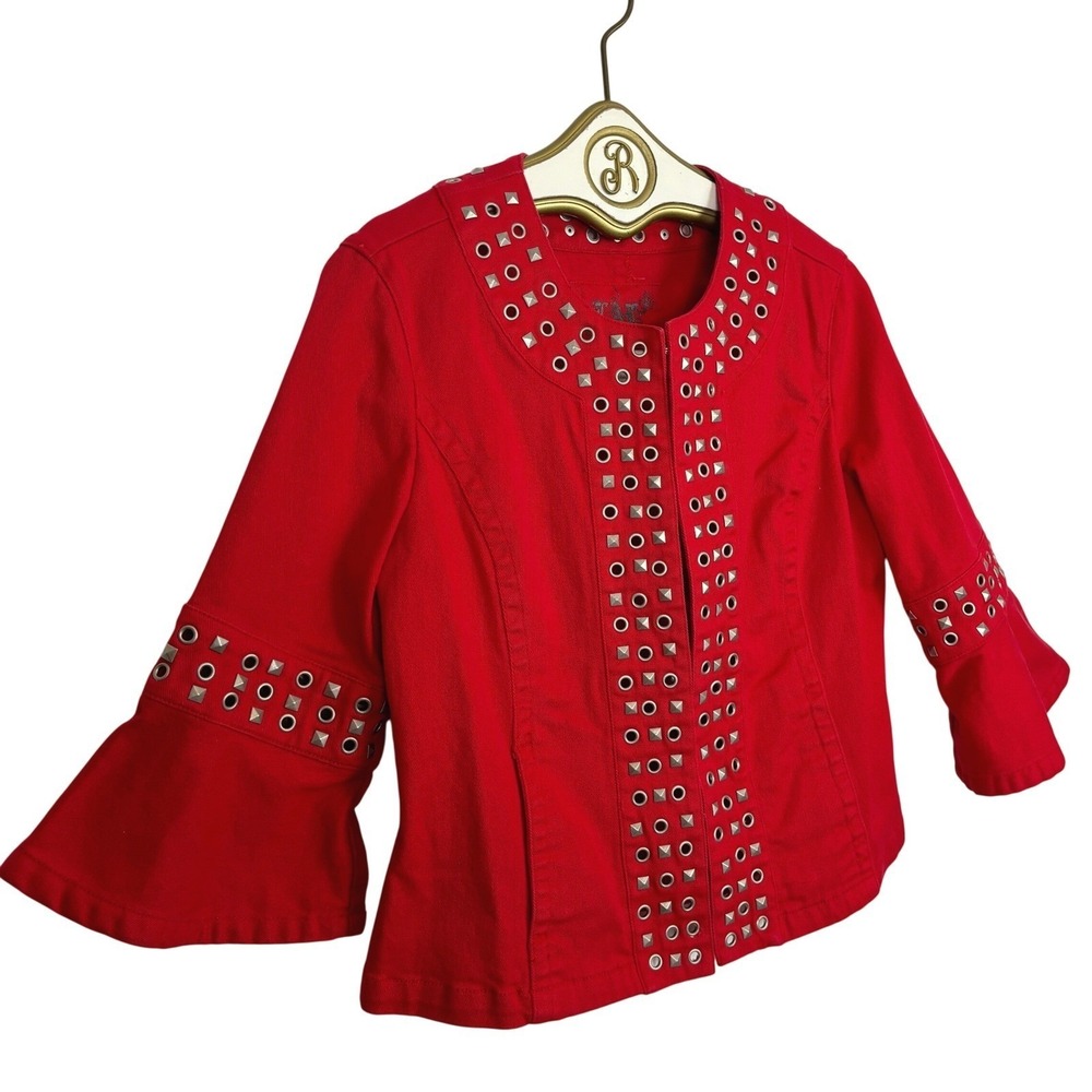Red Studded Denim Jacket Bell Sleeve Edgy Rocker Western Biker Festival Large